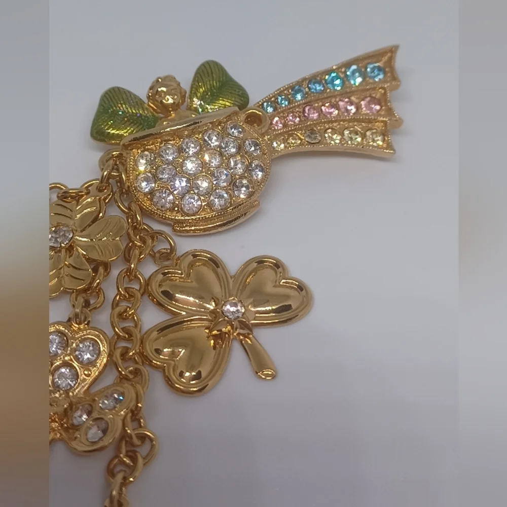 Vintage Kirks Folly Rainbow Clover Lucky Pot Of Gold Dangle Rhinestone Brooch